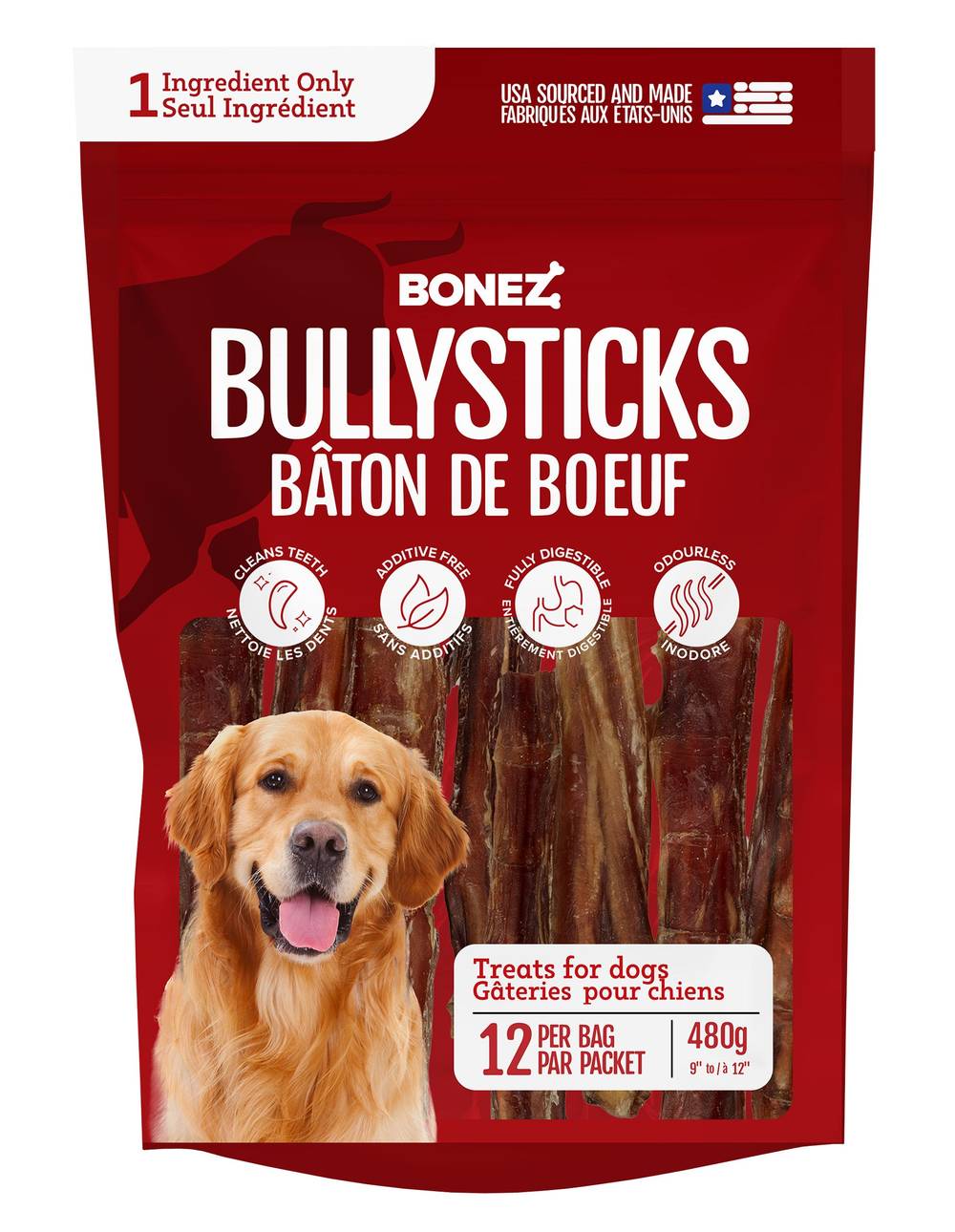 Bonez –12  Bâtons De Taureau À Mâcher, 480 G (16,9 Oz) / Bonez – 12 Bully Sticks, 480G (16.9 Oz)
