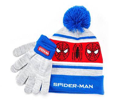 Gray & Blue Spider-Man Kids' Pom-Pom Beanie & Gloves