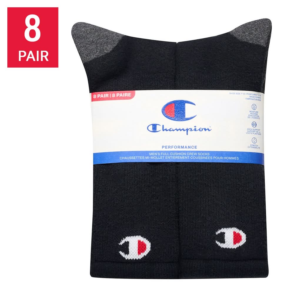 Champion Bas 8Pk Noir Champion Chaussettes Pqt De 8 +Tailles Hommes 7-12(3952222) / Champion Sock 8Pk Blk Champion Crew Sock 8Pk +Mens Sizes 7-12(3952222)