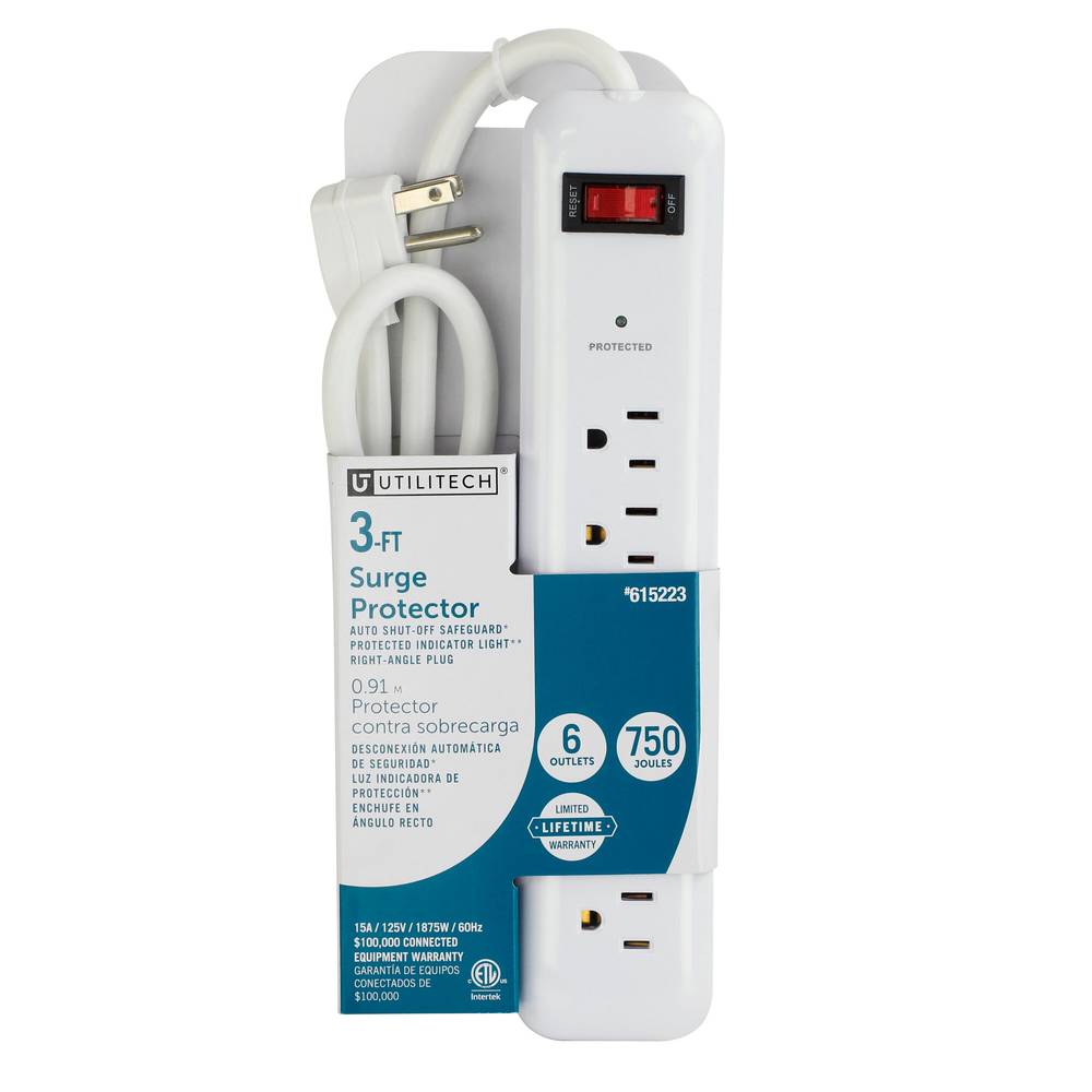 Utilitech 3-ft Surge Protector 6-Outlet 750 Joules 1875-Watt White Indoor Ac Surge Protector | UTPB42124