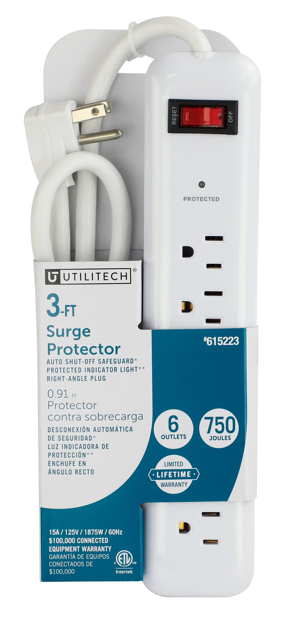 Utilitech 3-ft Surge Protector 6 -Outlet 750 Joules 1875 -Watts White Indoor AC Surge Protector