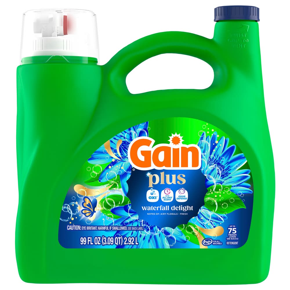 Gain Plus Odor Defense & Oxi Liquid Laundry Detergent, Waterfall Delight (99 fl oz)