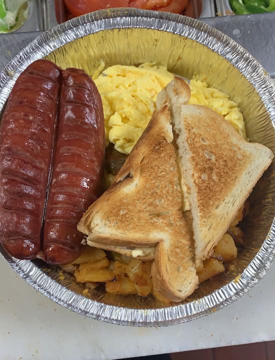 Home fries, beef sausage , 2 eggs ( any style) and white toast