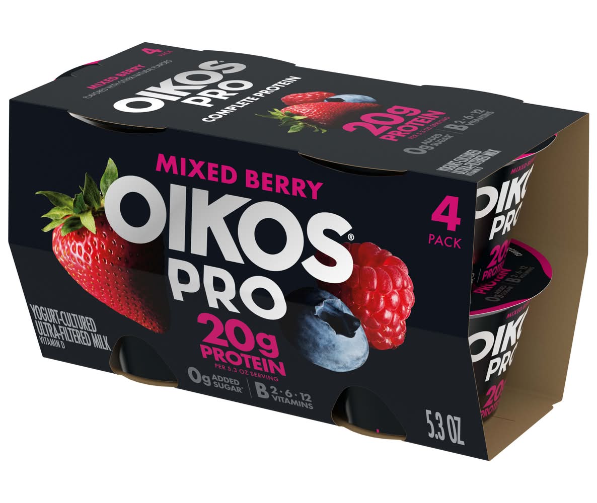 Oikos Pro Yogurt-Cultured Ultra Filtered Milk Cups, Mixed Berry (4 x 5.3 oz)