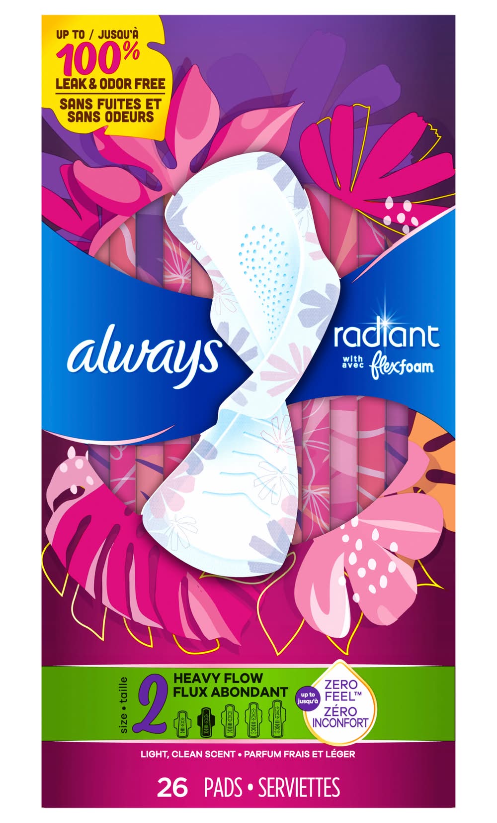 Always Radiant Flexfoam Pads For Women Heavy Flow Pads, Size 2 (6.64 oz, 26 ct)