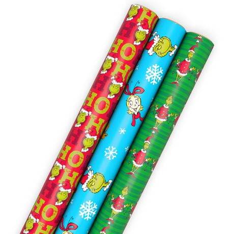 Hallmark Dr. Seuss The Grinch Christmas Wrapping Paper Bundle With Cut Lines On Reverse (3 Rolls: 60 Sq. Ft.)