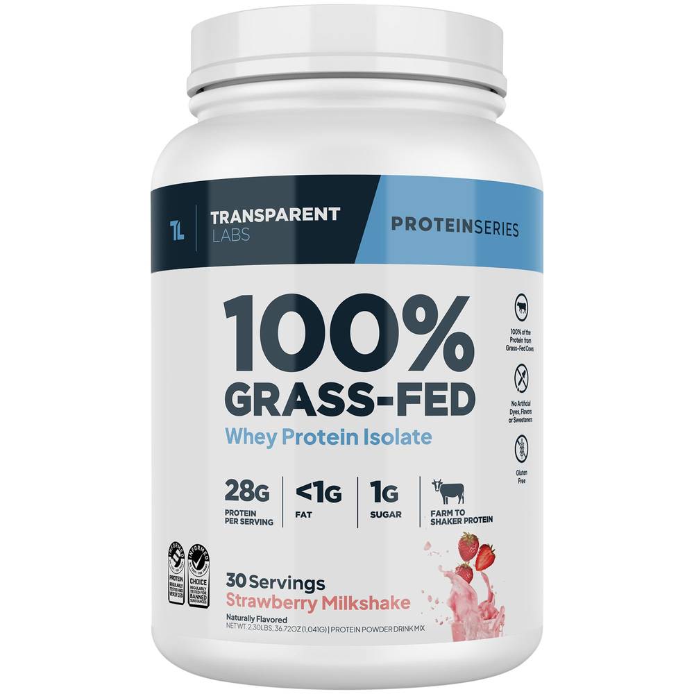 Transparent Labs 100% Grass-Fed Whey Protein Isolate Powder, Strawberry Milkshake (36.72 oz)