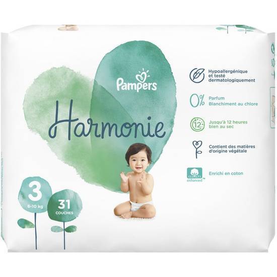 Couches bébé taille 3 : 6-10 Kg harmonie PAMPERS 31 couches