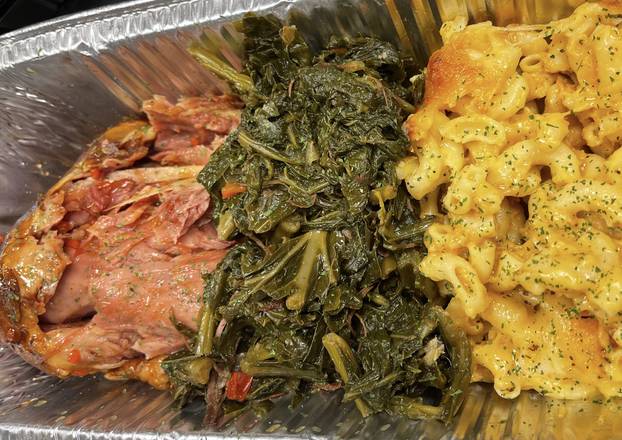 Henny Glazed Loaded  Turkey Leg with Greens & Mac & Cheese