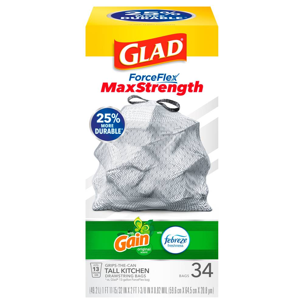 Glad Gain Drawstring Tall Kitchen Bags, 13 Gallon (34 ct)