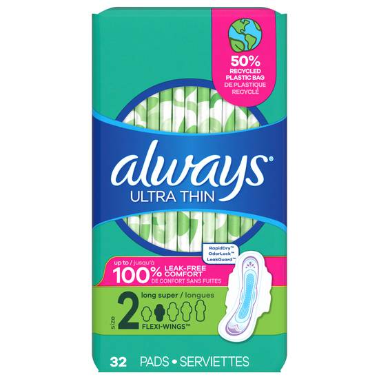 Always Ultra Thin Long Super Absorbency Pads With Flexi-Wings (32 ct)
