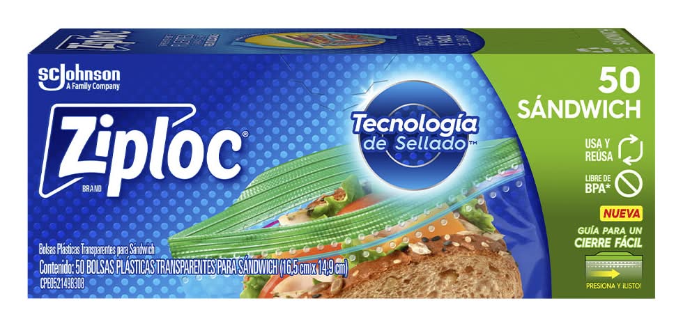 Ziploc · Bolsas plásticas transparentes con cierre fácil para sándwich, 16.5x14.9 cm (50 un)
