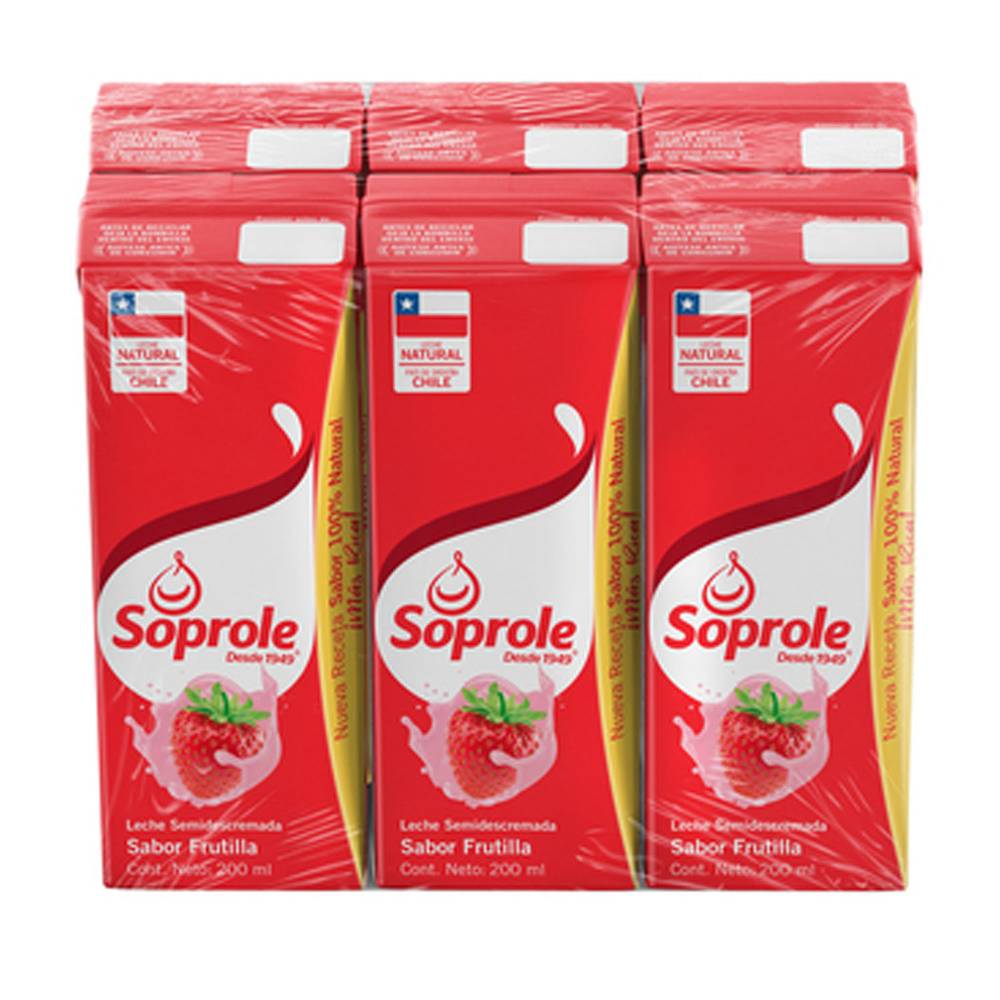Soprole leche semidescremada sabor frutilla (6 u x 200 ml c/u)