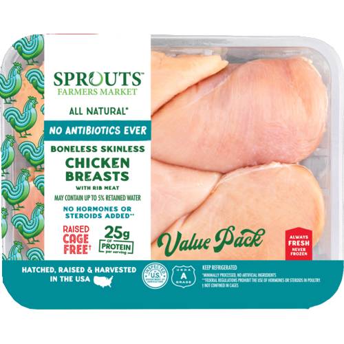 Sprouts All-Natural Fresh Boneless Skinless Chicken Breast With Rib Meat Value Pack (Avg. 3.2lb)