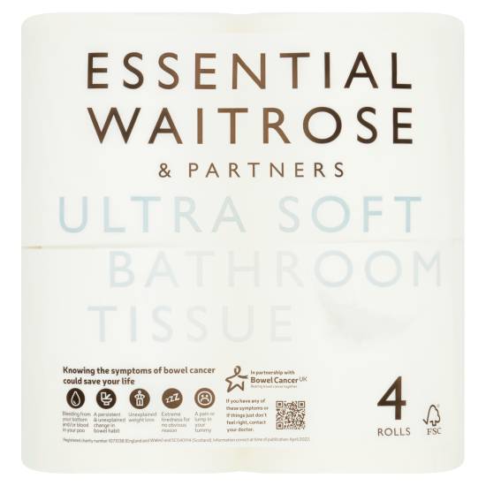 Essential Waitrose & Partners White Ultra Soft Bathroom Tissue (4 ct)