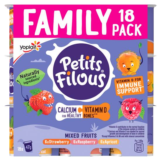 Petits Filous Strawberry-Raspberry-Apricot, Mixed Fruits Yoghurt Pots (18 x 47g)