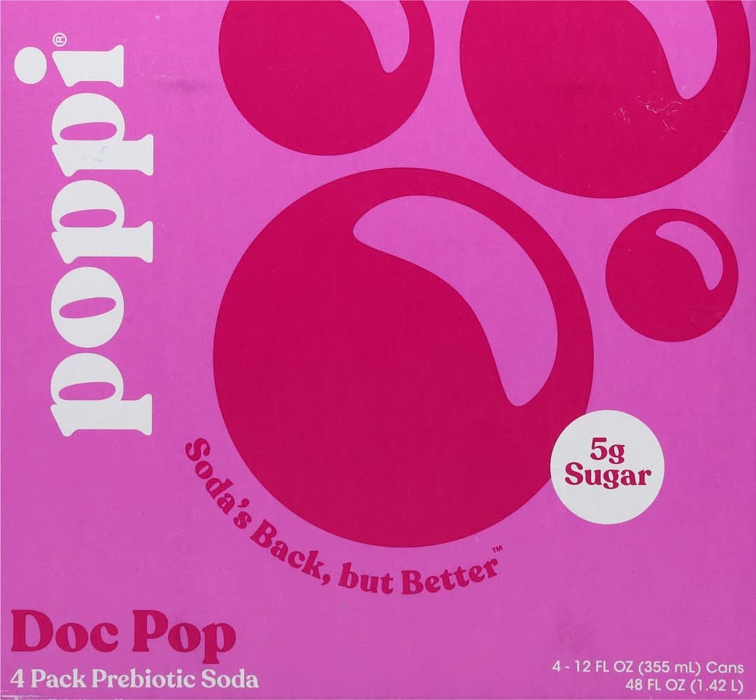 poppi Prebiotic Soda Soft Drink, Doc Pop (4 x 12 fl oz)