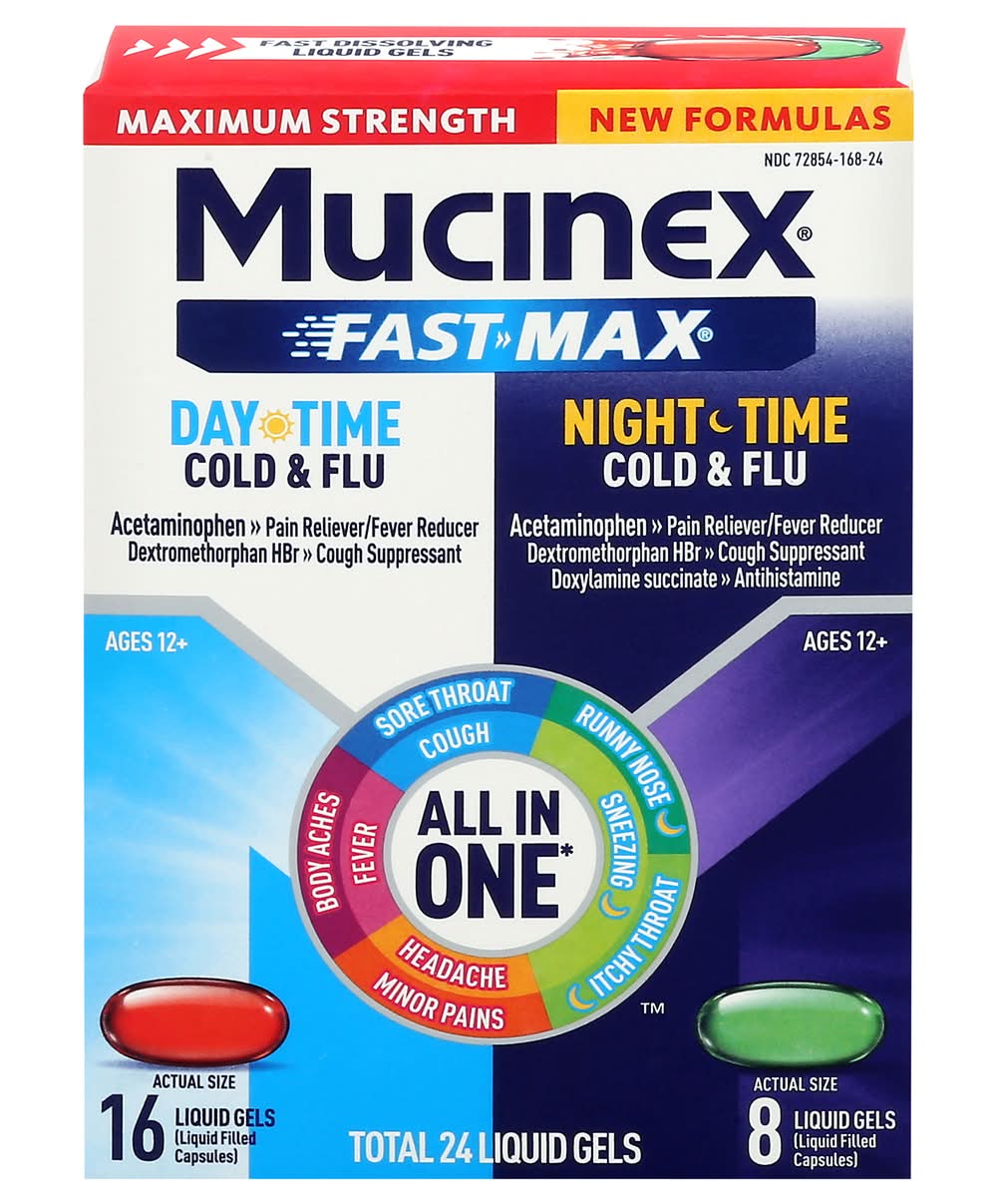 Mucinex Fast Max Day & Night Time Cold & Flu Liquid Gels Ages 12+ (24 ct)