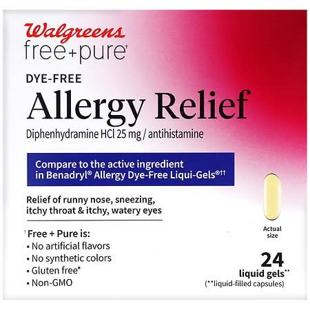 Walgreens Free & Pure Dye-Free Allergy Relief Diphenhydramine Hcl 25 mg Capsules (24 ct)