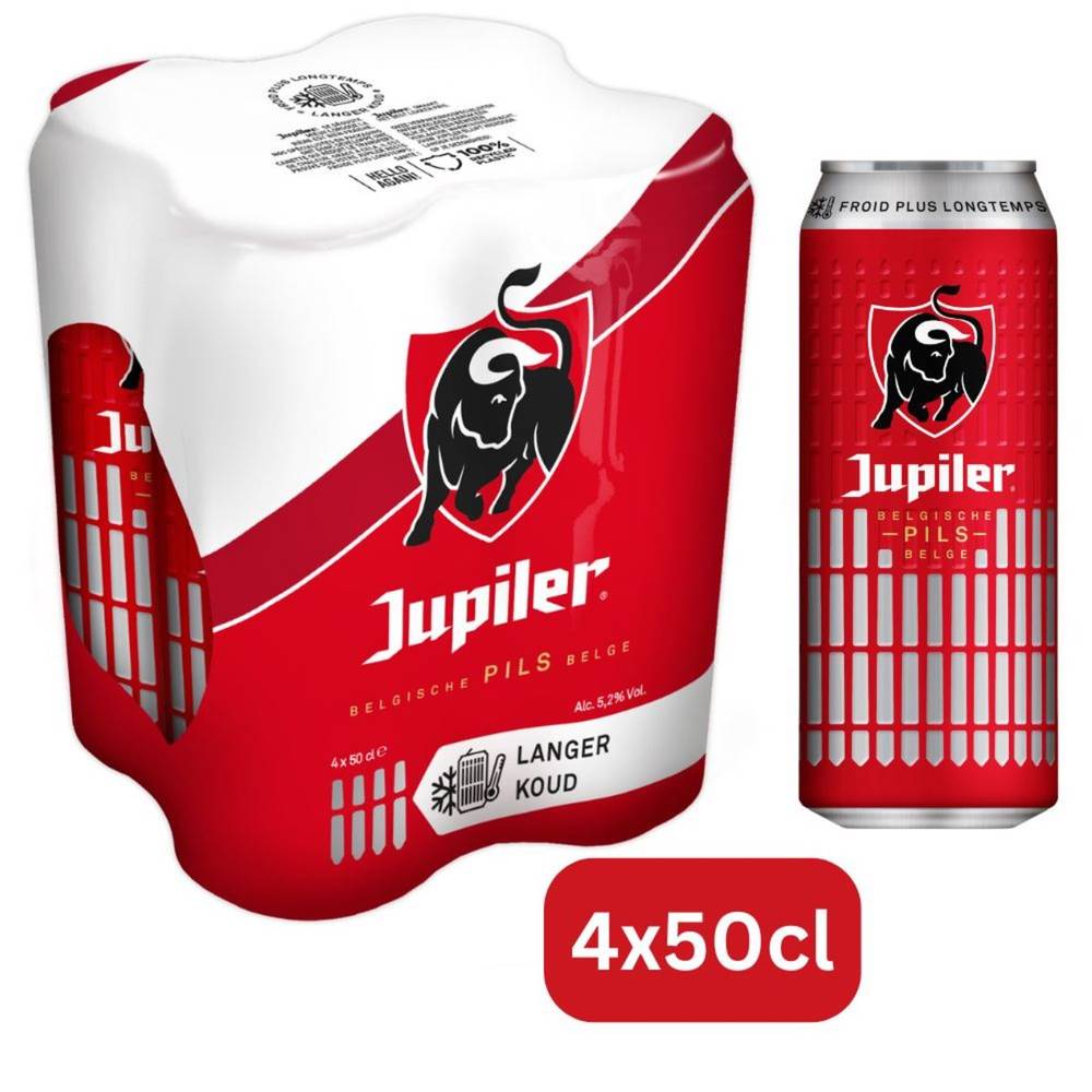 Jupiler Bière Blonde Pils 5.2% Alc 4 x 50 cl Canettes Cold Grip