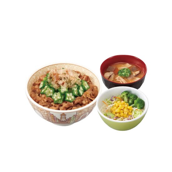かつぶしオクラ牛丼とん汁サラダセット Gyudon w/ Bonito Flakes & Okra,Pork Miso Soup & Salad