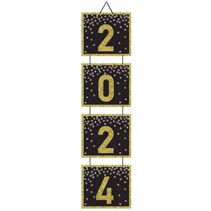 Glitter 2024 Corrugated Cardboard Stacked Sign, 5ft - Black, Silver Gold