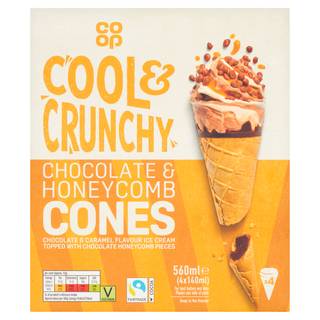 Co-op Fairtrade 4 Chocolate & Honeycomb Swirl Top Waffle Cones 4 x 140ml (560ml)