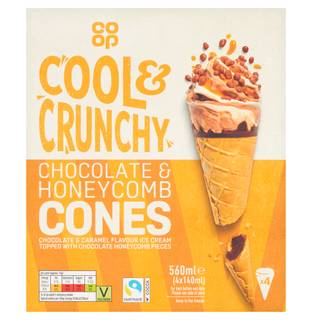 Co-op Fairtrade 4 Chocolate & Honeycomb Swirl Top Waffle Cones 4 x 140ml (560ml)
