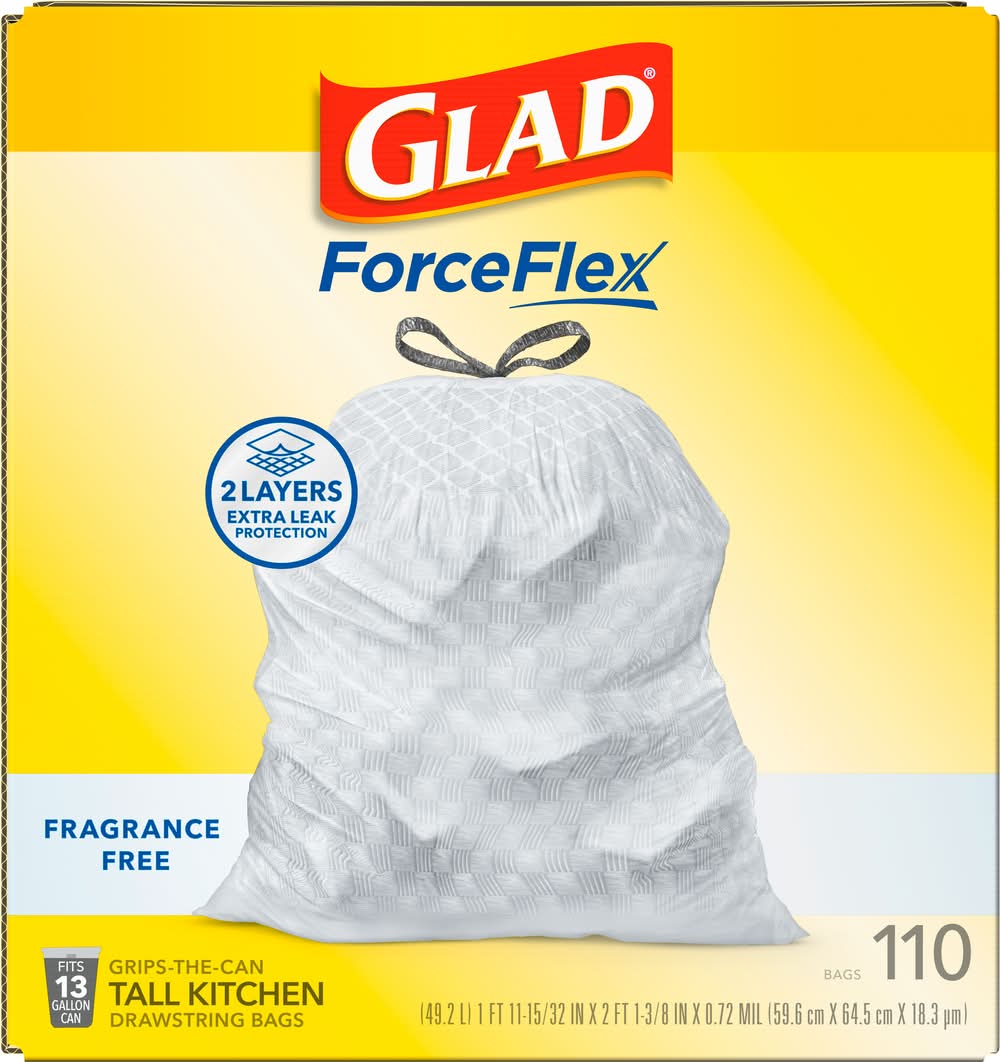 Glad Forceflex Tall Kitchen Drawstring Trash Bags 13 Gal, 1ft 11 15/32in x 2ft 1 3/8in x 0.72mil, White (110 ct)