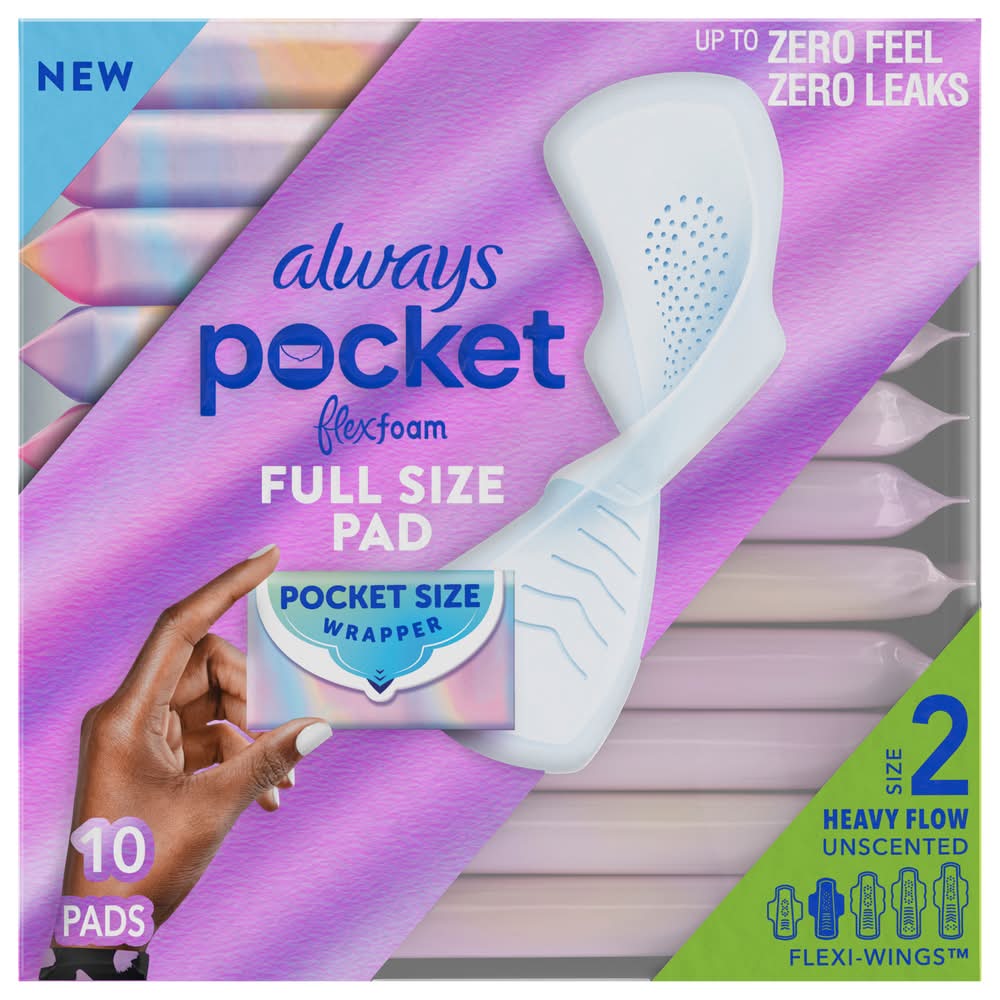 Always Pocket Pads With Flexfoam With Wings, Women, Size 2 (10 ct)
