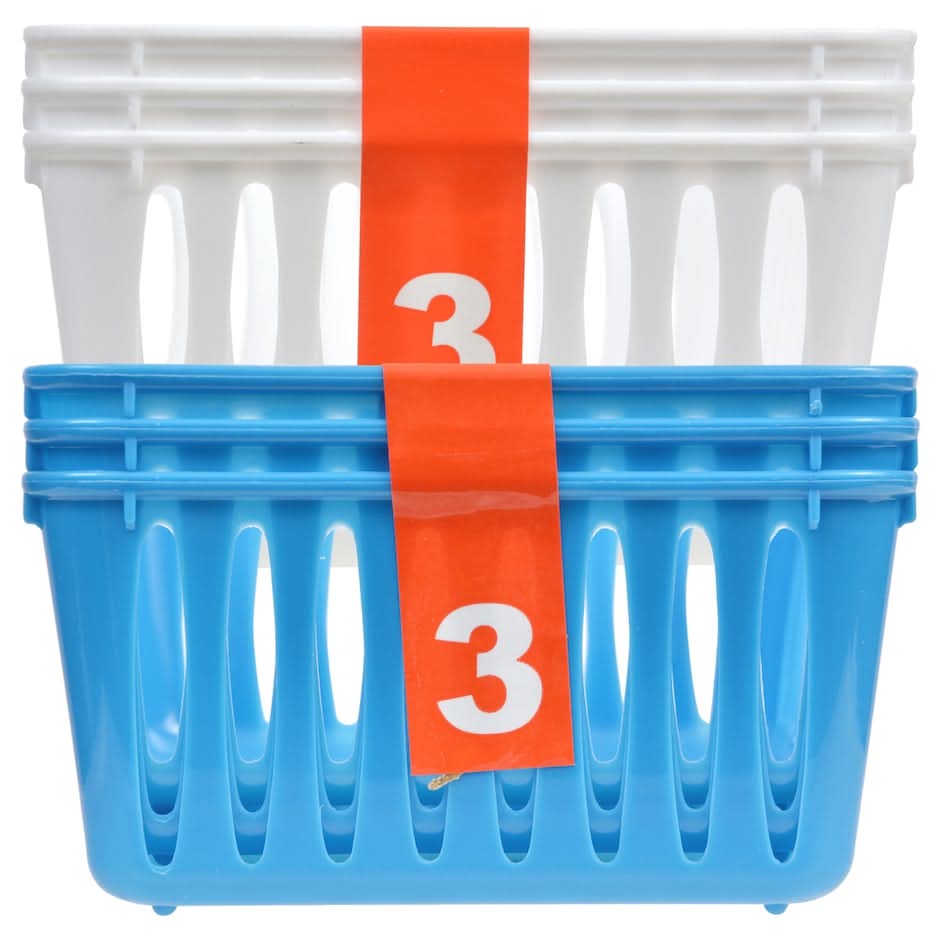 Rectangular Slotted Plastic Baskets, S, White-Blue (3 ct)