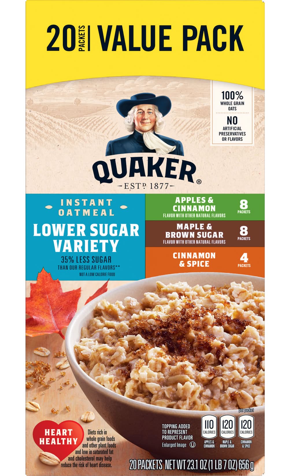 Quaker Lower Sugar Instant Oatmeal, Assorted (1.44 lbs, 20 ct)