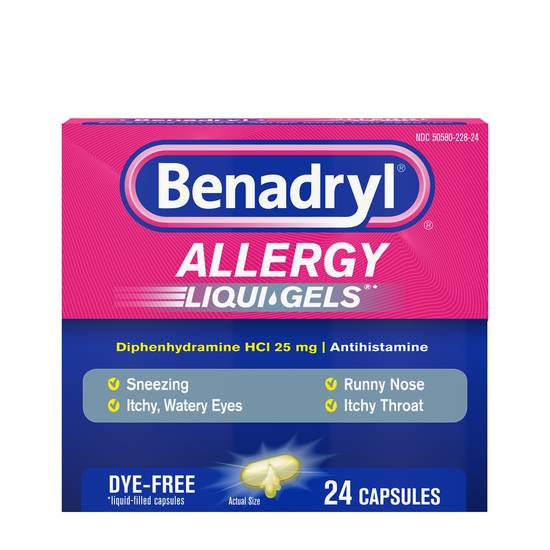 Benadryl Liqui-Gels Antihistamine Allergy Medicine, Dye Free, 24 CT