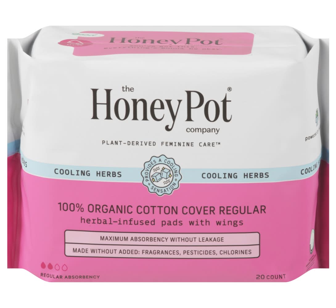 The Honey Pot 100% Organic Cotton Cover Regular Herbal Infusion Pads With Wings (20 ct)