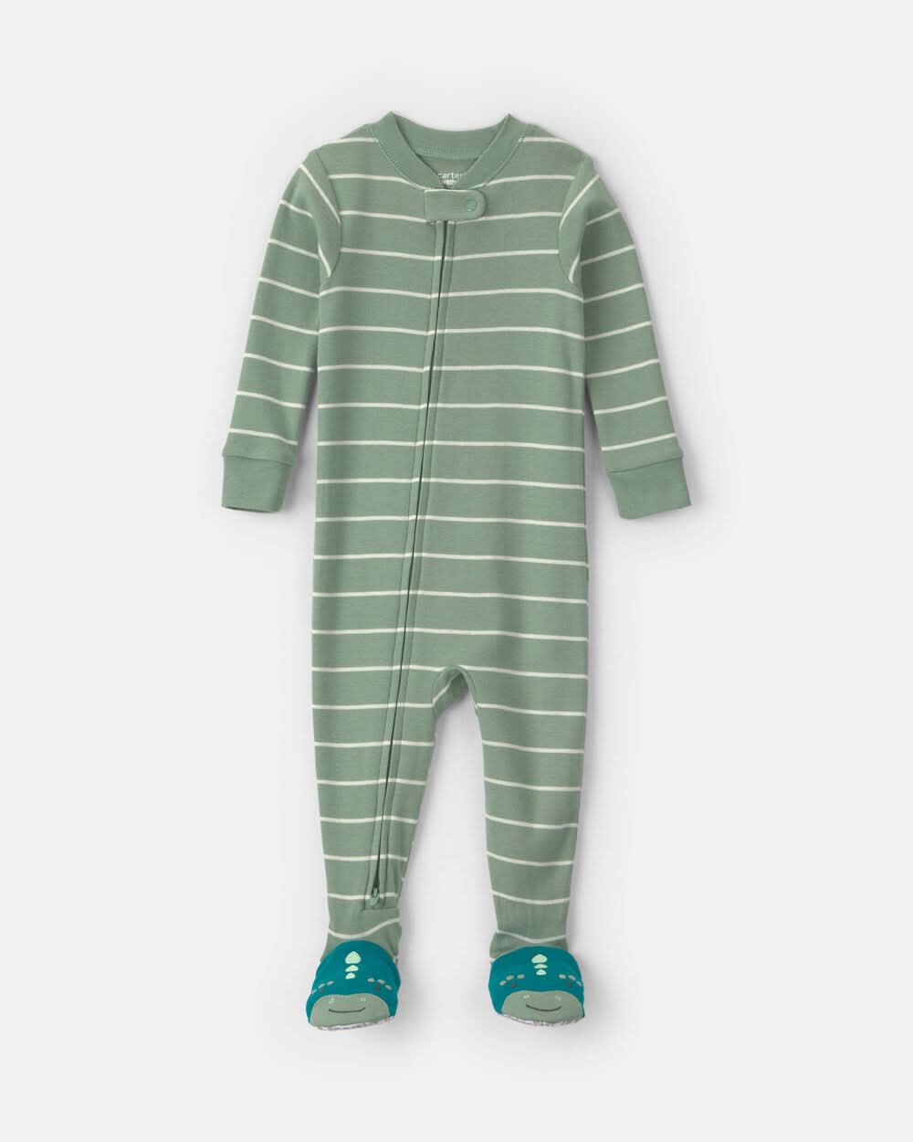Baby Boy 1-Piece Dino Striped 2-Way Zip 100% Cotton Snug Fit Footed Pajama - Green - 24M