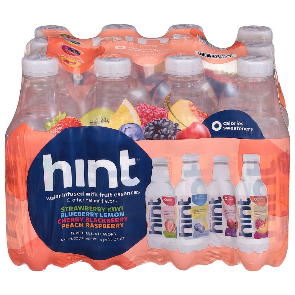 Hint Fruit Essences Infused Water Variety pack, Strawberry Kiwi-Blueberry Lemon-Cherry Blackberry-Peach Raspberry (12 x 16 fl oz)