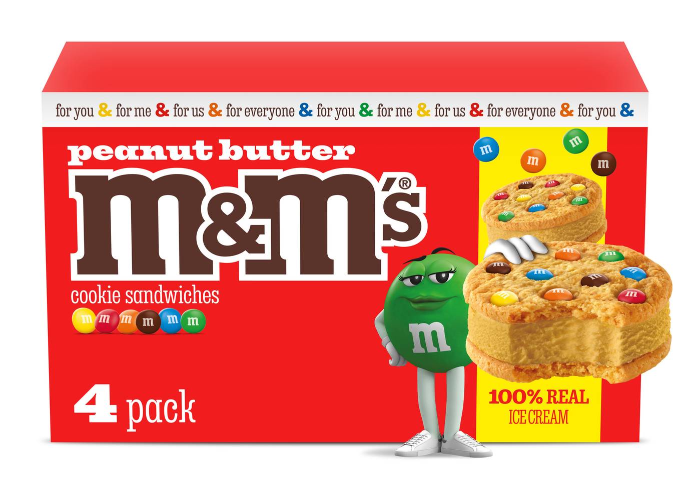 M&M's 100% Real Ice Cream Cookie Sandwiches, Peanut Butter (14 fl oz, 4 ct)