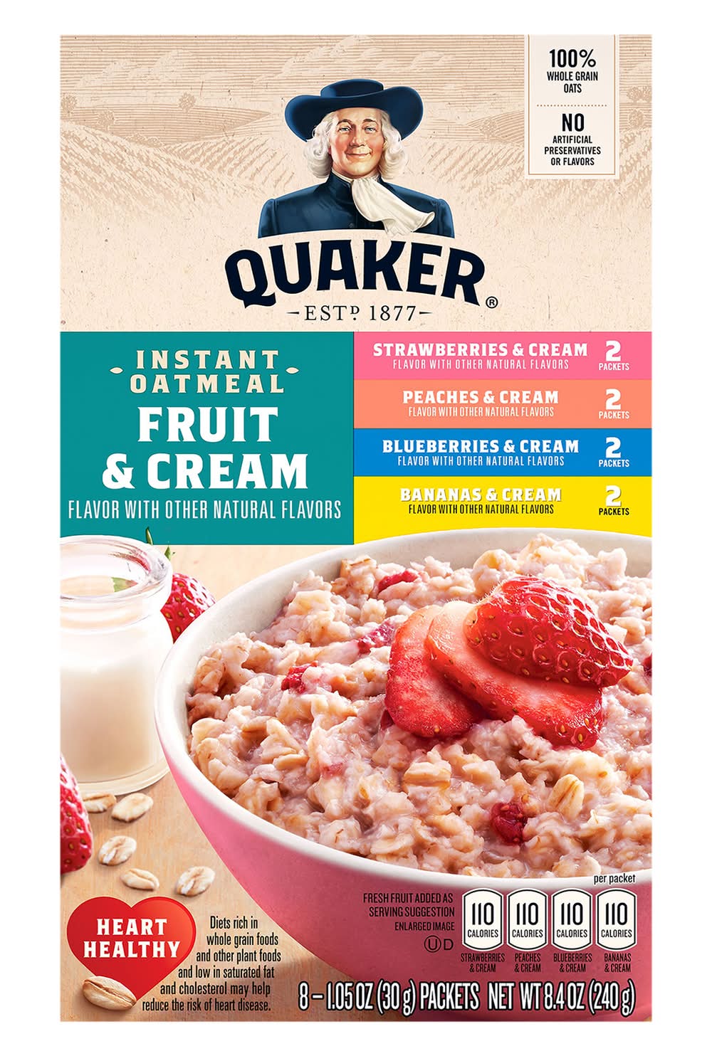 Quaker Fruit & Cream Instant Oatmeal Variety pack, Strawberries-Peaches-Blueberries-Banana (8 x 1.05 oz)