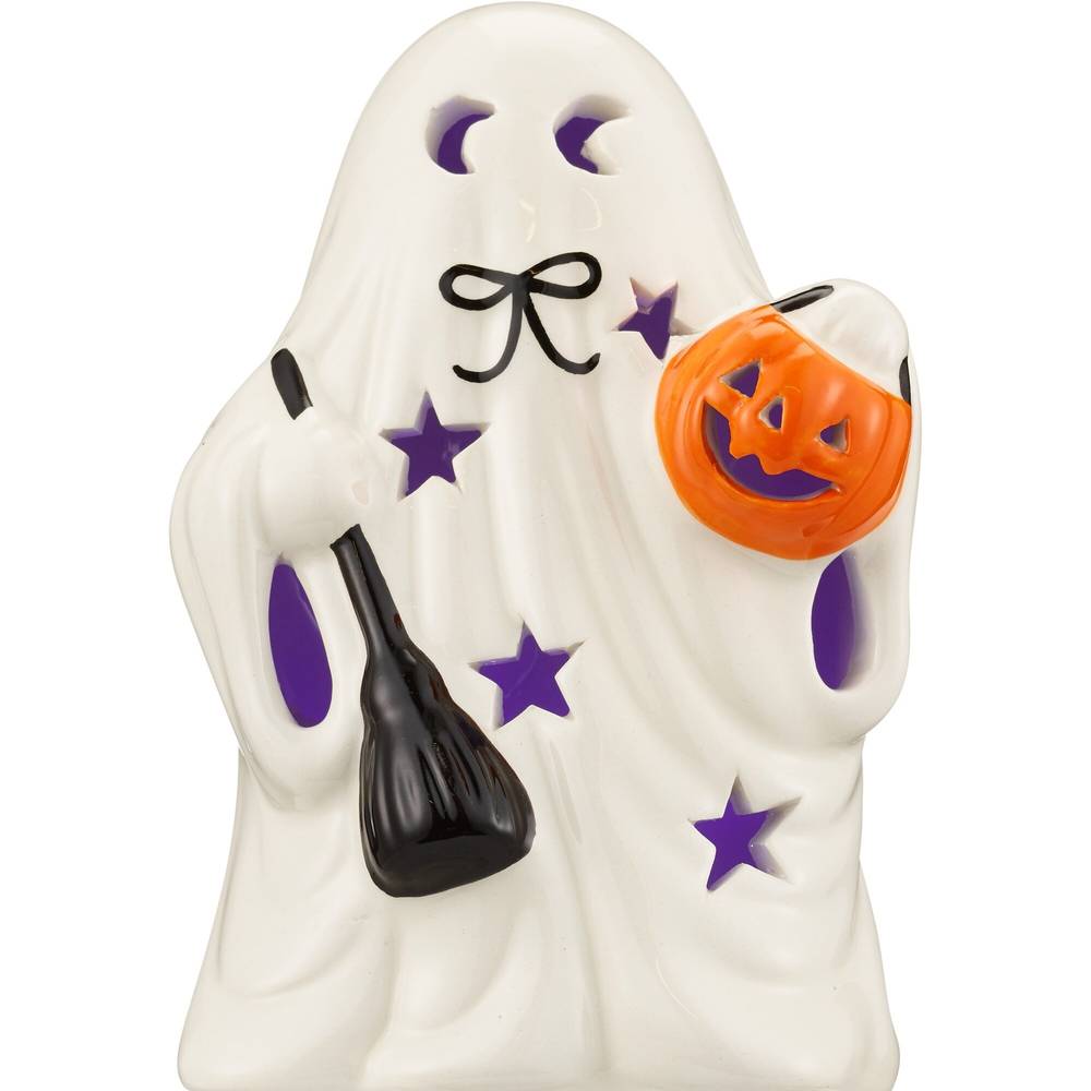 Light Up Ceramic Ghost with Pumpkin and Broom