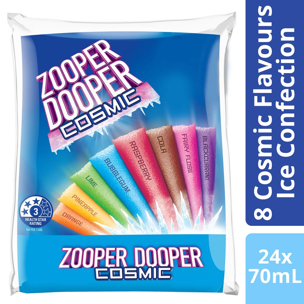 Zooper Dooper Cosmic Ice Confection Tubes, Orange-Pineapple-Lime-Bubblegum-Raspberry-Cola-Fairy Floss-Blackcurrant (24 x 70mL)