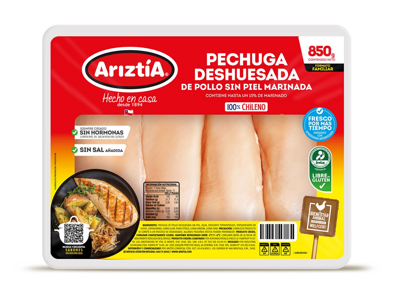 Ariztía · Pechuga de pollo deshuesada sin piel, marinada (850 g)