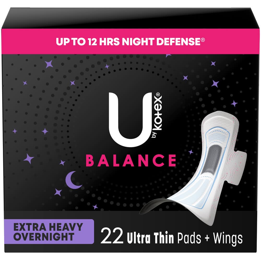 U by Kotex Balance Extra Heavy Overnight Ultra Thin Pads + Wings (22 ct)