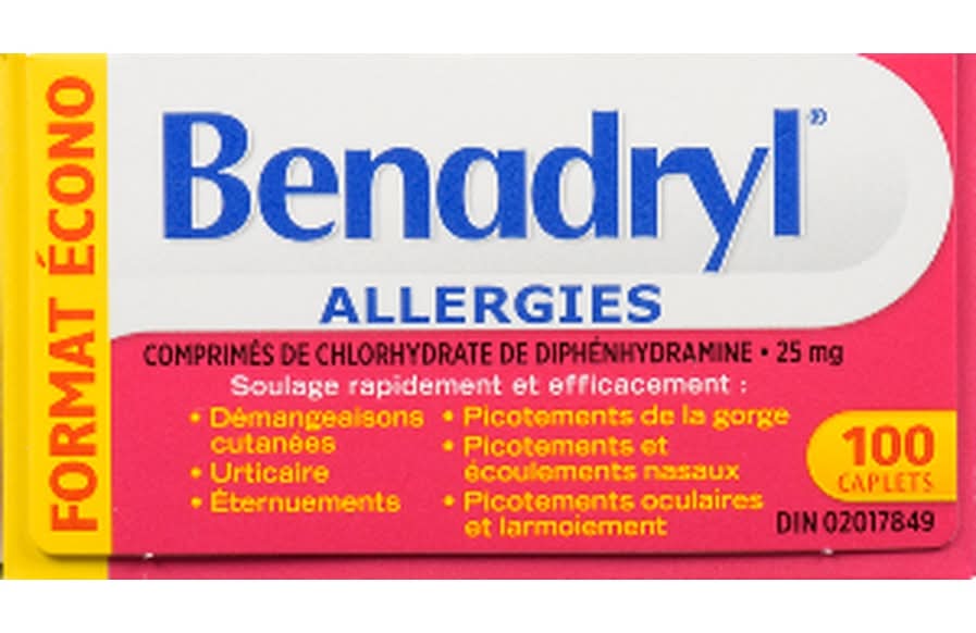 Benadryl Diphenhydramine Hydrochloride Allergy Caplets 25mg (100 ct)