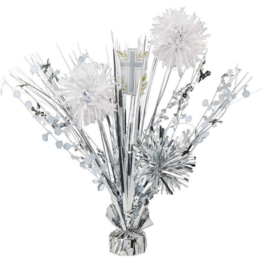 Silver My First Communion Tinsel Burst Centerpiece, 18in