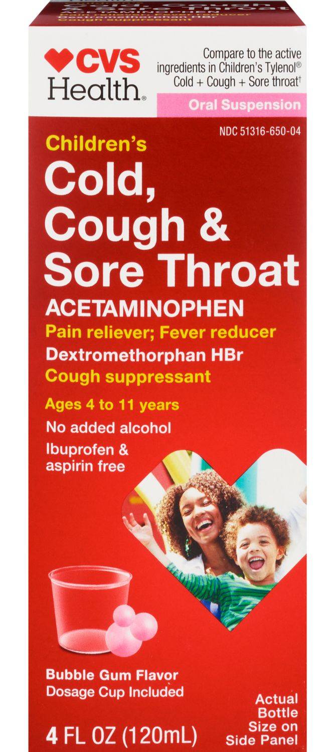 CVS Health Children's Cold & Cough + Sore Throat Acetamonophen Liquid, Bubblegum (4 fl oz)