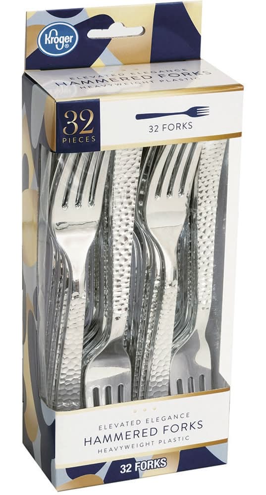 Kroger Elevated Elegance Heavyweight Plastic Hammered Forks, Silver (32 ct)