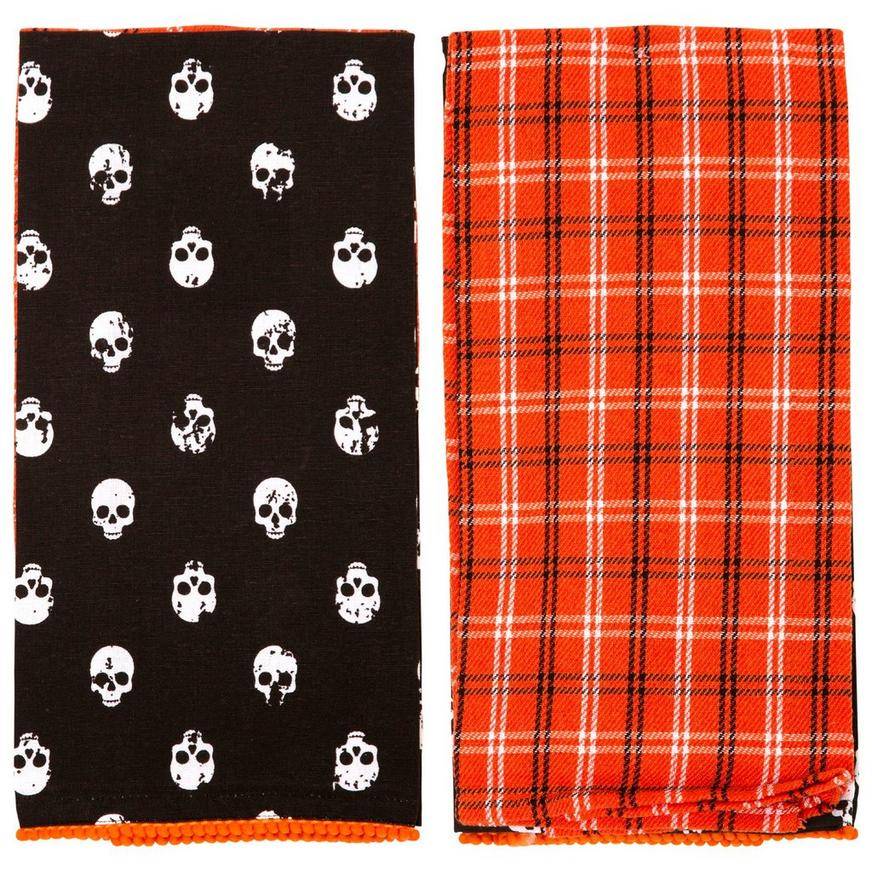 Black Orange Skulls Plaid Fabric Kitchen Towels, 18in x 28in, 2ct