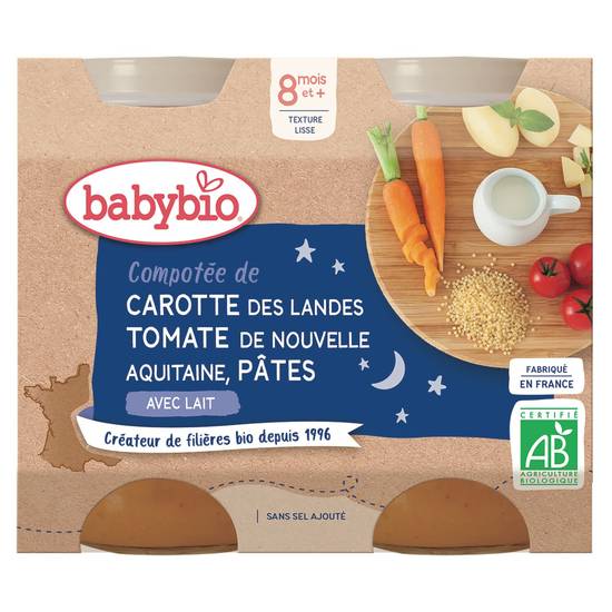 Babybio - Compotée de carotte des landes tomate de nouvelle aquitaine, pâtes avec lait 8 mois et +