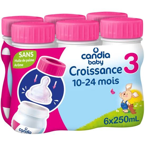 Candia baby croissance 3 bouteille 25cl x 6 - lait de suite pour nourrissons à partir de 10 mois et aliment lacté liquide destiné aux enfants en bas âge