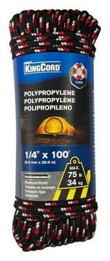 KingCord Polypropylene Diamond Braid Rope, 1/4in x 100ft, Red-Black